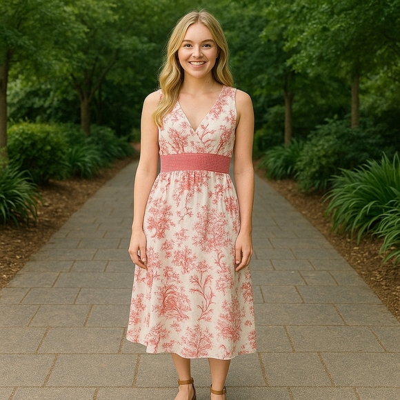 Vintage Sam TY Y2K Linen Midi Aline Dress, Floral,White/Pink US Womens 10 - Picture 1 of 9